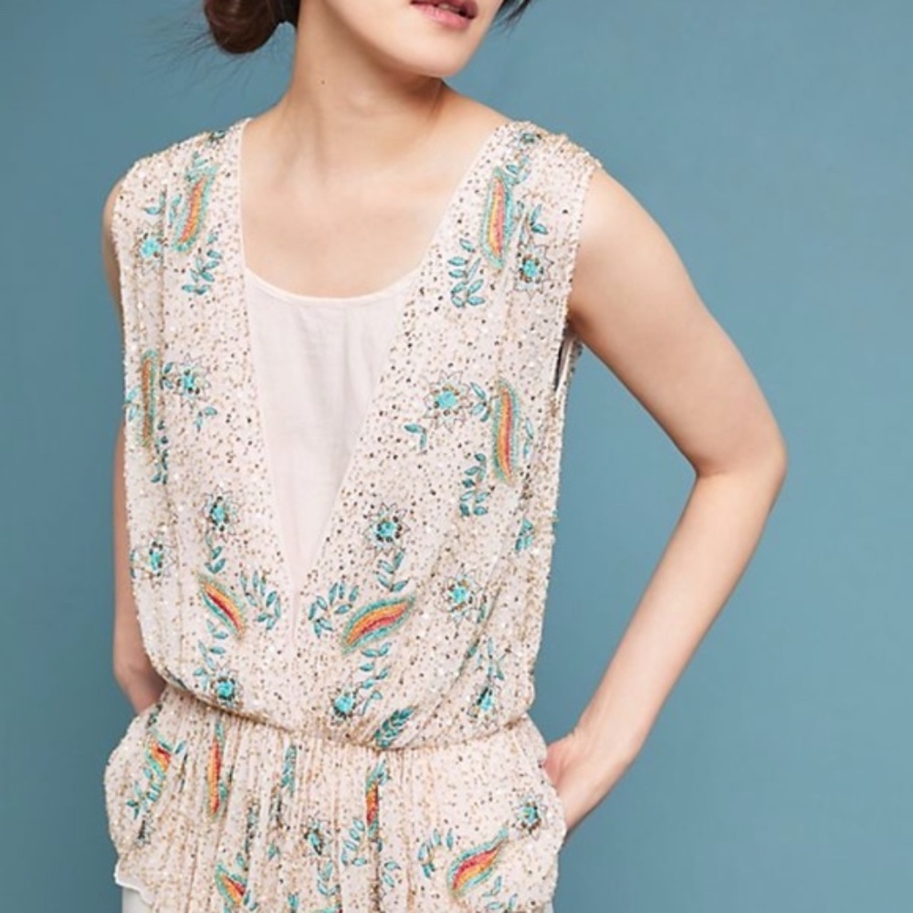 Anthropologie Antik Batik Beaded Deep-V Shell
